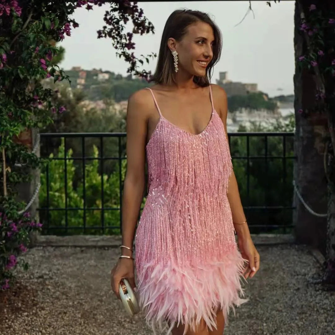 Cocktail Dress with Layered Feather Fringe and Sequin Sheen, Sculpted Stretch Fit