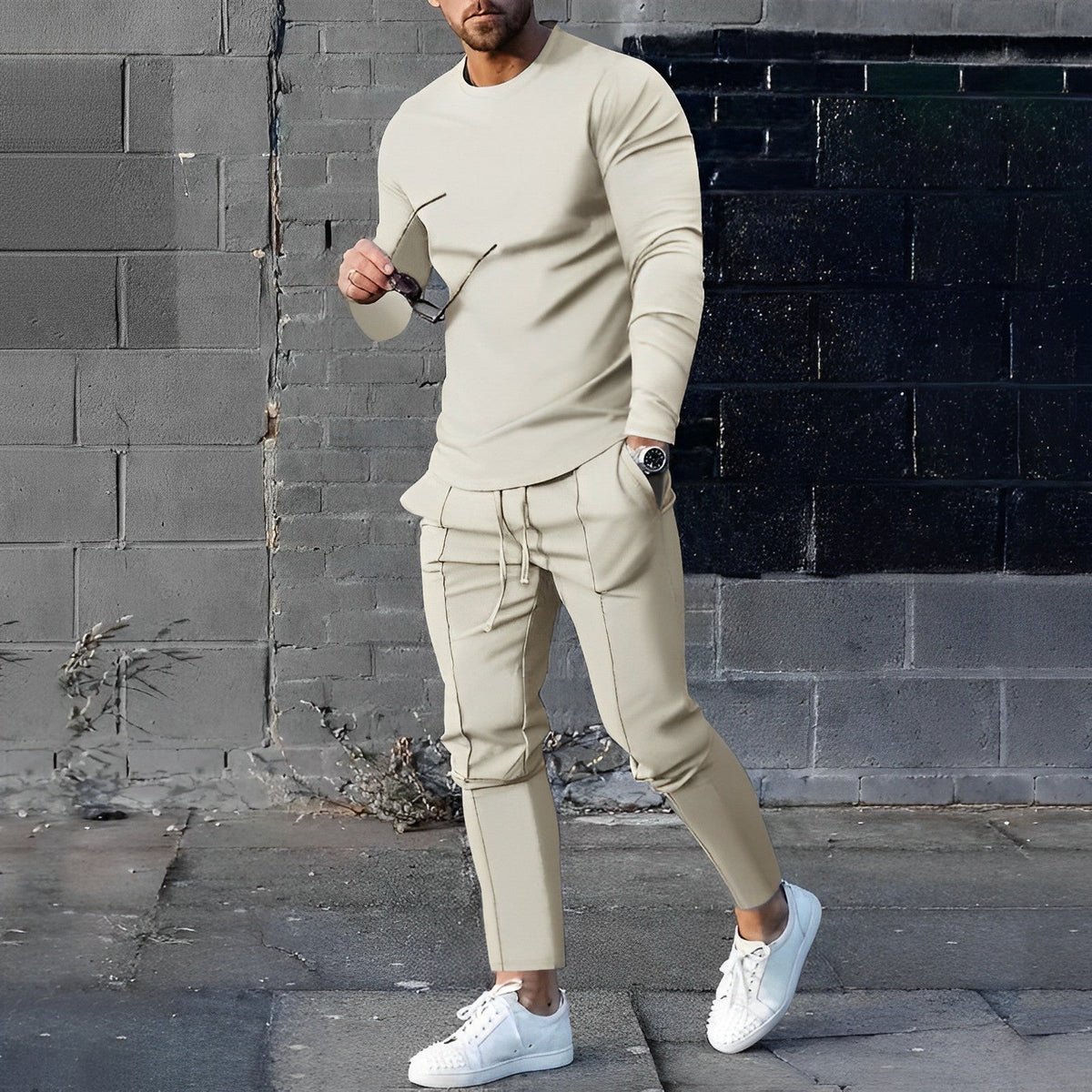 Mens Two-Piece Loungewear Set with Long-Sleeve Top and Jogger Pants, Relaxed Fit