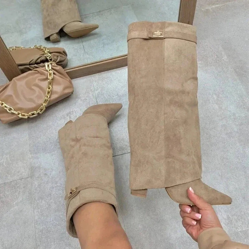 Womens Thigh-High Leather Boots with Adjustable Buckle and Low Block Heel