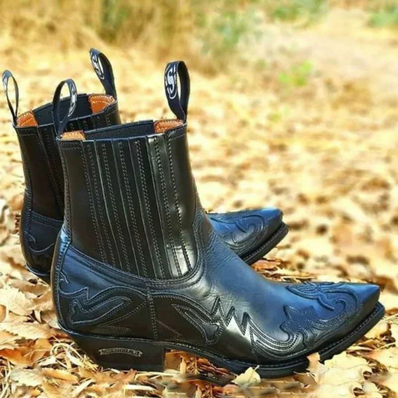 Mens Western Cowboy Boots with Decorative Stitching and Cushioned Insole