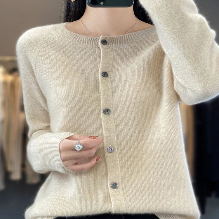 Button Front Cardigan with Round Neckline and Long Sleeves for Women
