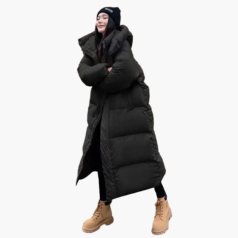 Long Quilted Puffer Coat for Women with Padded Hood and Side Pockets, Relaxed Fit