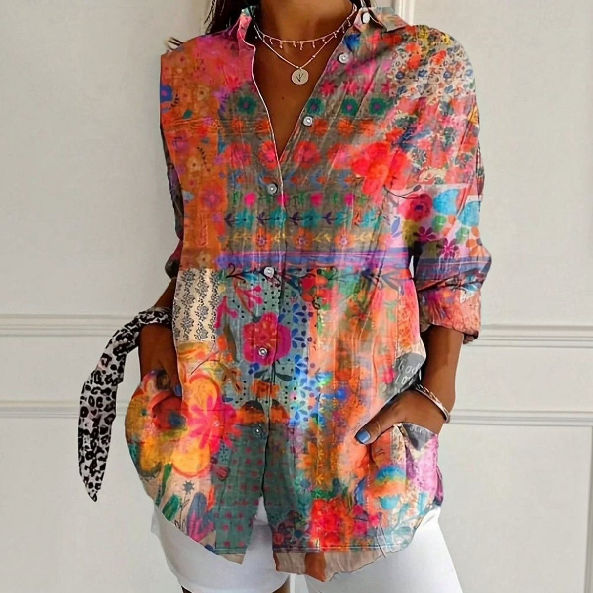 Relaxed Fit Blouse with Vibrant All-Over Print and Long Sleeves