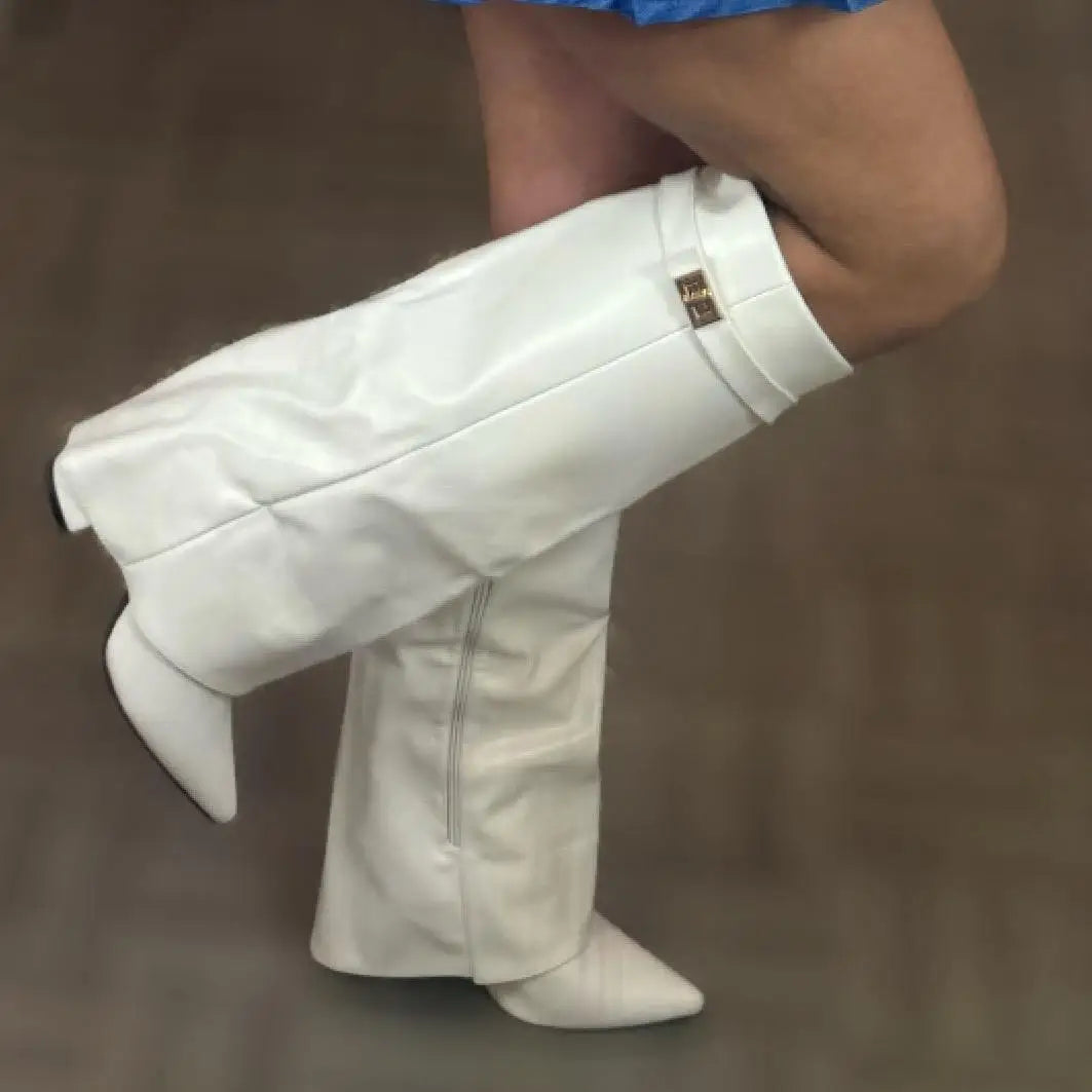 Womens Thigh-High Leather Boots with Adjustable Buckle and Low Block Heel