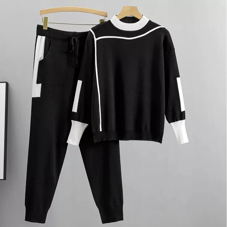 Womens Lounge Set with Soft Knit Sweater and Drawstring Jogger Pants, Contrast Trim