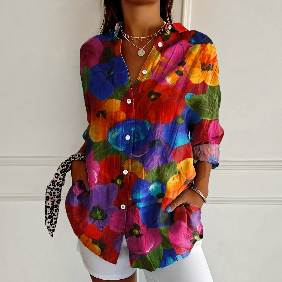 Relaxed Fit Blouse with Vibrant All-Over Print and Long Sleeves