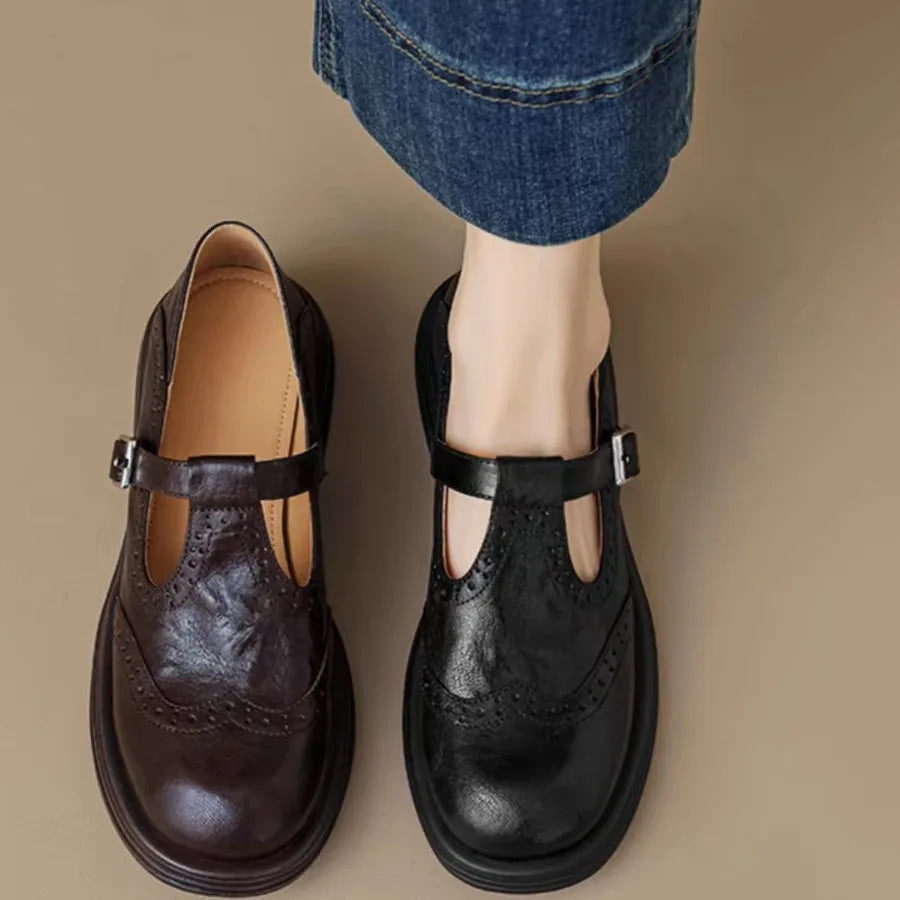 Womens Leather T-Strap Shoes with Cushioned Insole and Adjustable Buckle, Low Heel