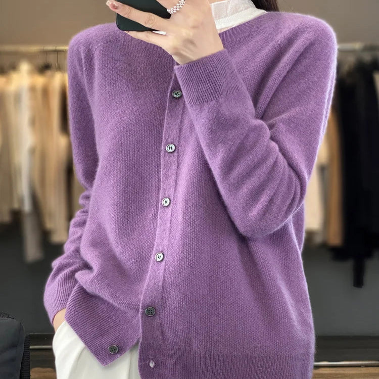 Button Front Cardigan with Round Neckline and Long Sleeves for Women