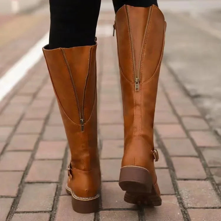 Orthopedic Leather Boots with Removable Insole and Tall Shaft for Women - Rubber Outsole