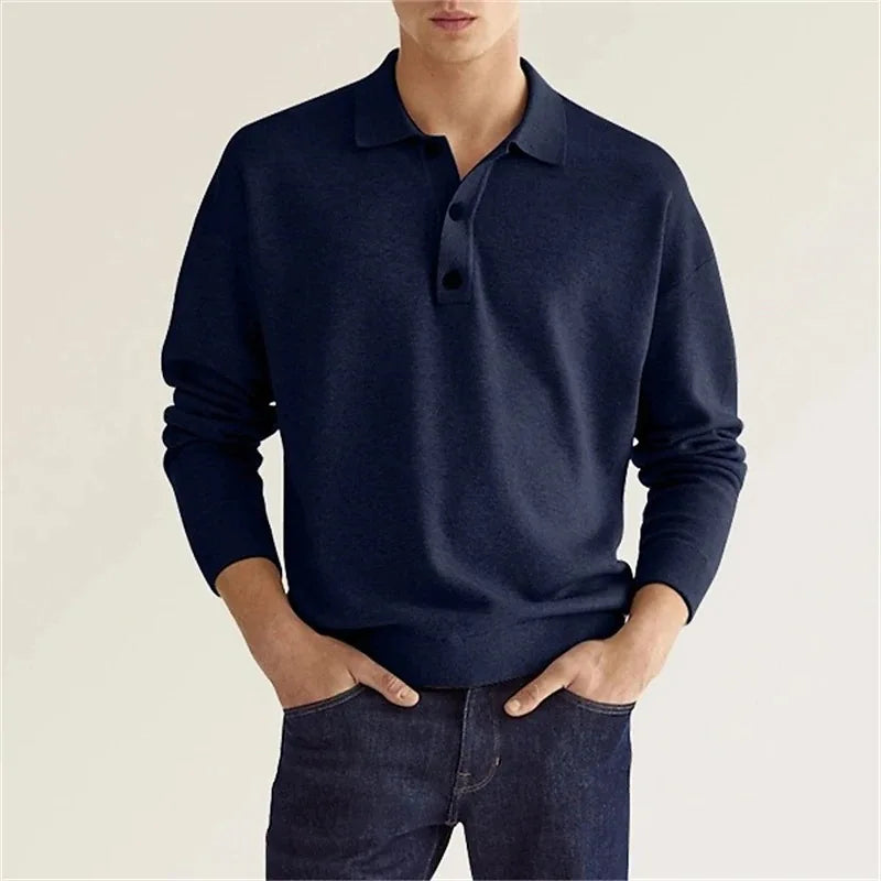 Mens Long Sleeve Polo Shirt with Soft Knit Fabric and Relaxed Fit, Machine Washable