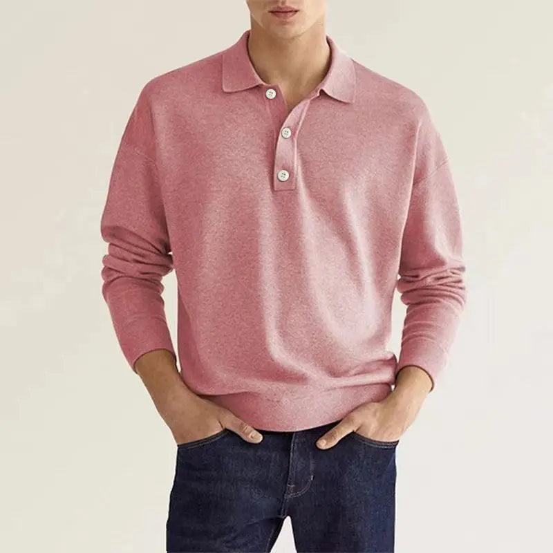 Mens Long Sleeve Polo Shirt with Soft Knit Fabric and Relaxed Fit, Machine Washable