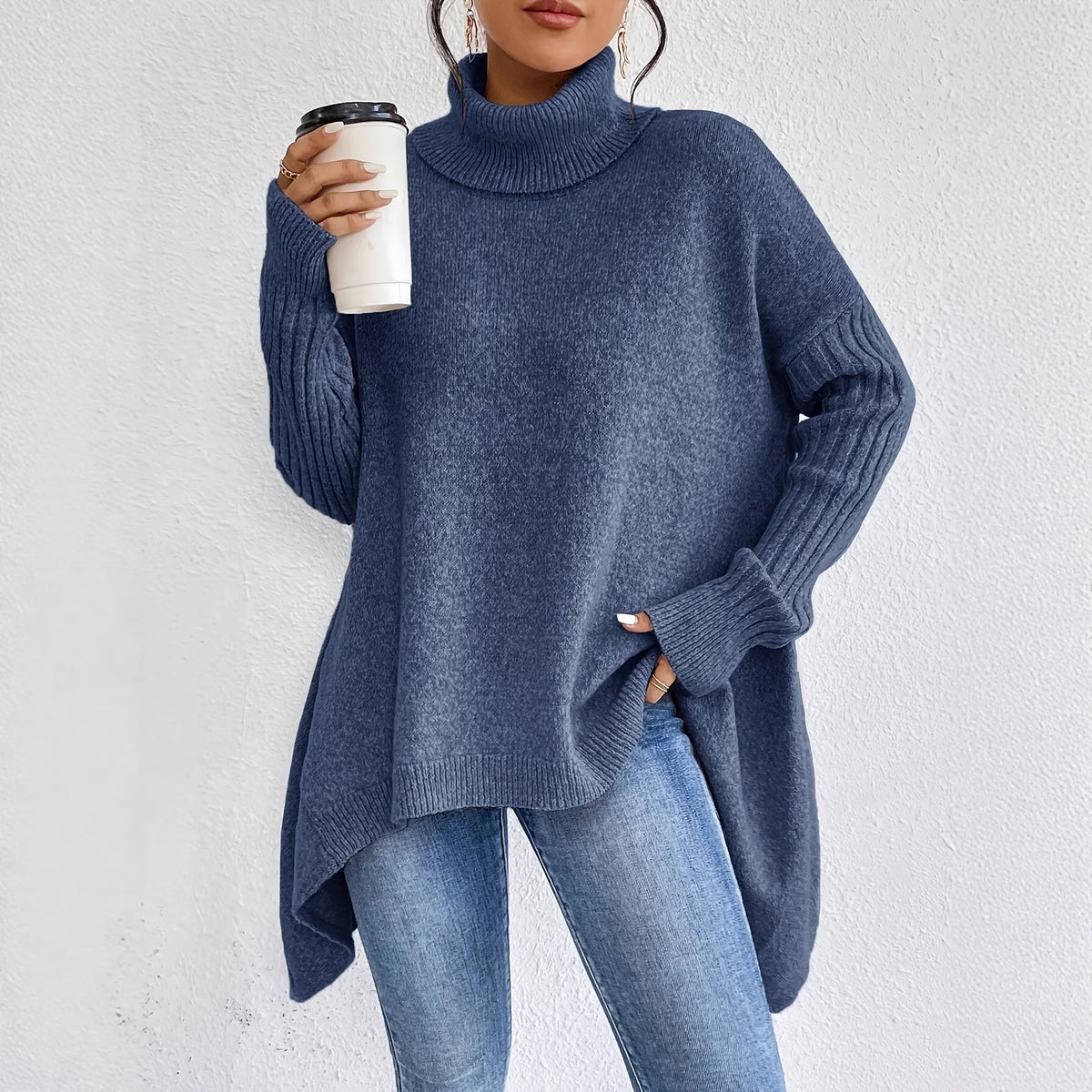 Cashmere Turtleneck Sweater with Oversized Fit and Folded Neckline - Soft Blend