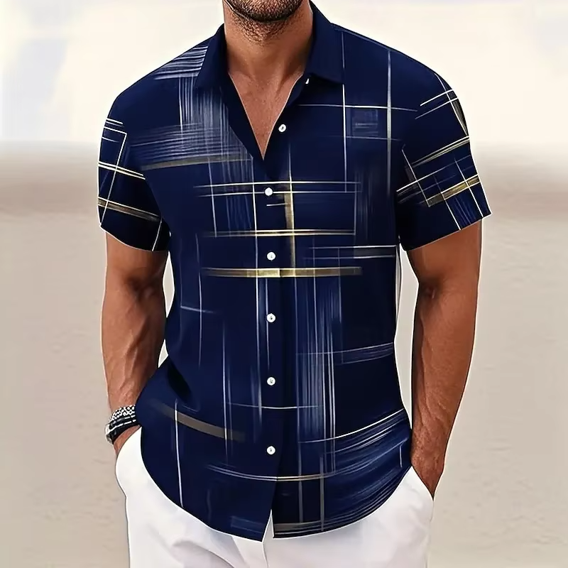 Geometric Plaid Button Shirt with Short Sleeves and Polyester Blend