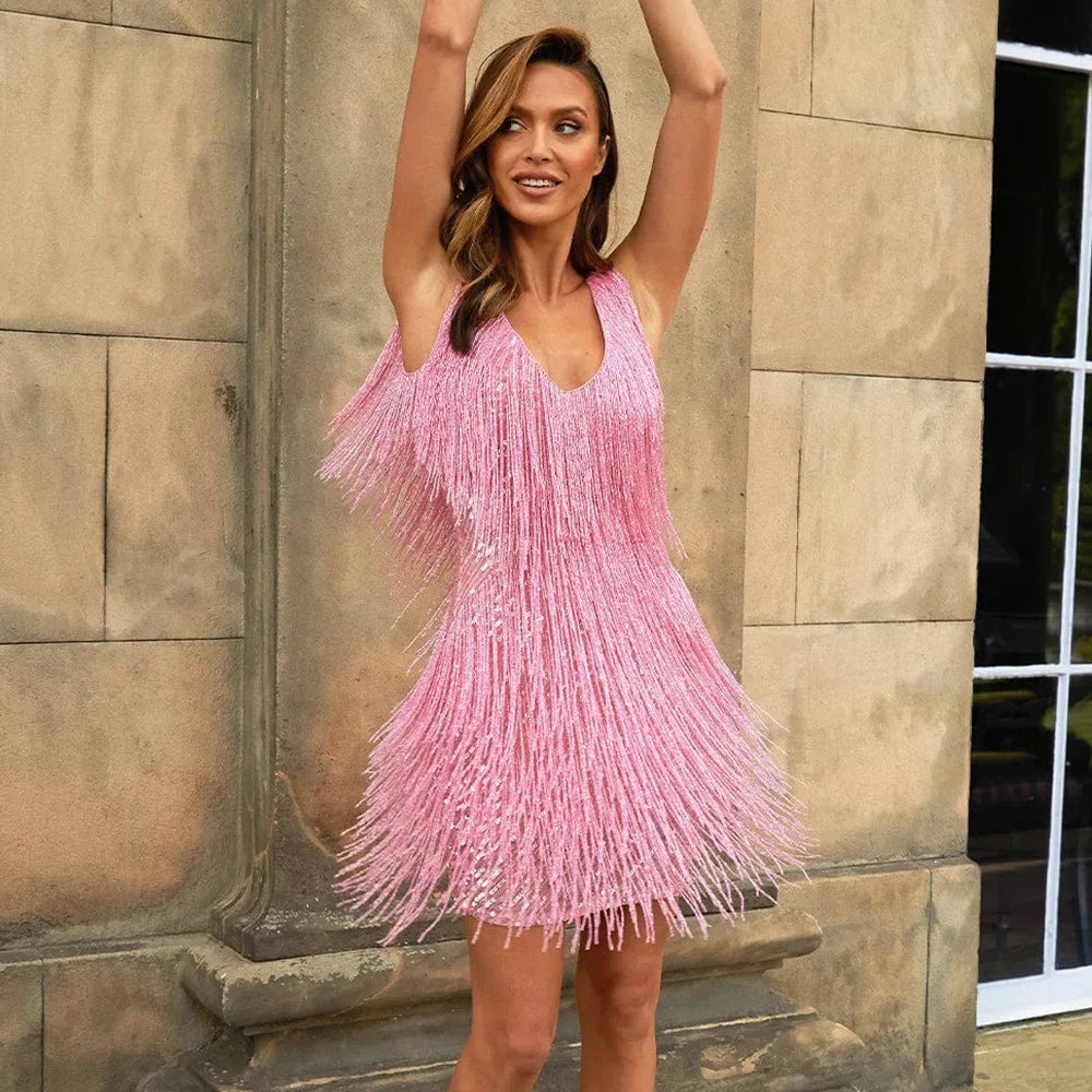 Womens A-Line Cocktail Dress with Cascading Fringe and Sequin Accents