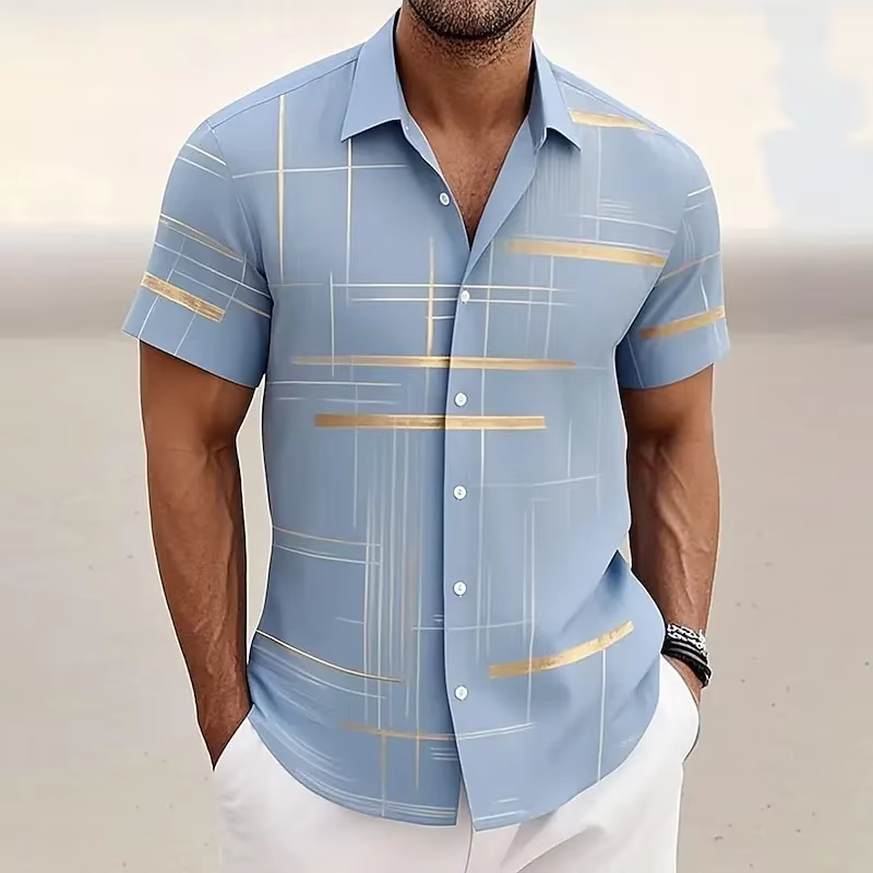 Geometric Plaid Button Shirt with Short Sleeves and Polyester Blend
