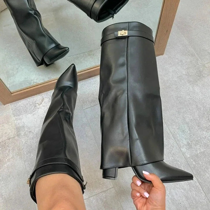 Womens Thigh-High Leather Boots with Adjustable Buckle and Low Block Heel
