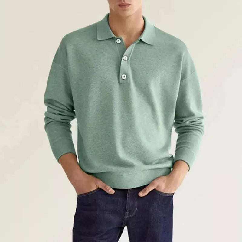 Mens Long Sleeve Polo Shirt with Soft Knit Fabric and Relaxed Fit, Machine Washable