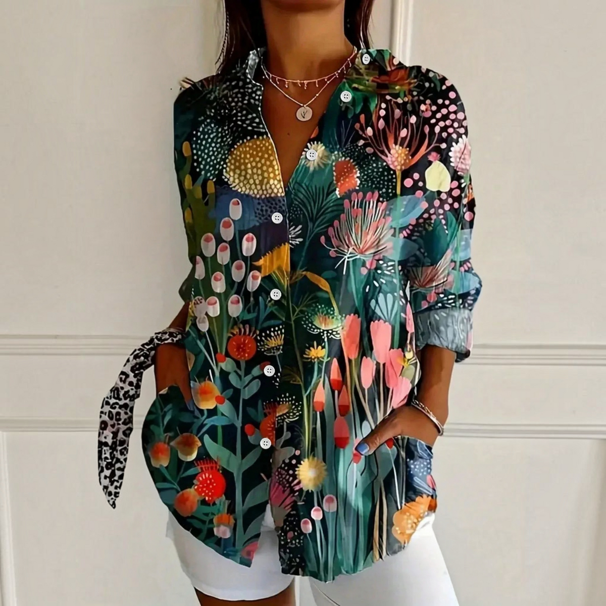 Relaxed Fit Blouse with Vibrant All-Over Print and Long Sleeves