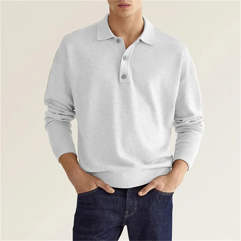 Mens Long Sleeve Polo Shirt with Soft Knit Fabric and Relaxed Fit, Machine Washable