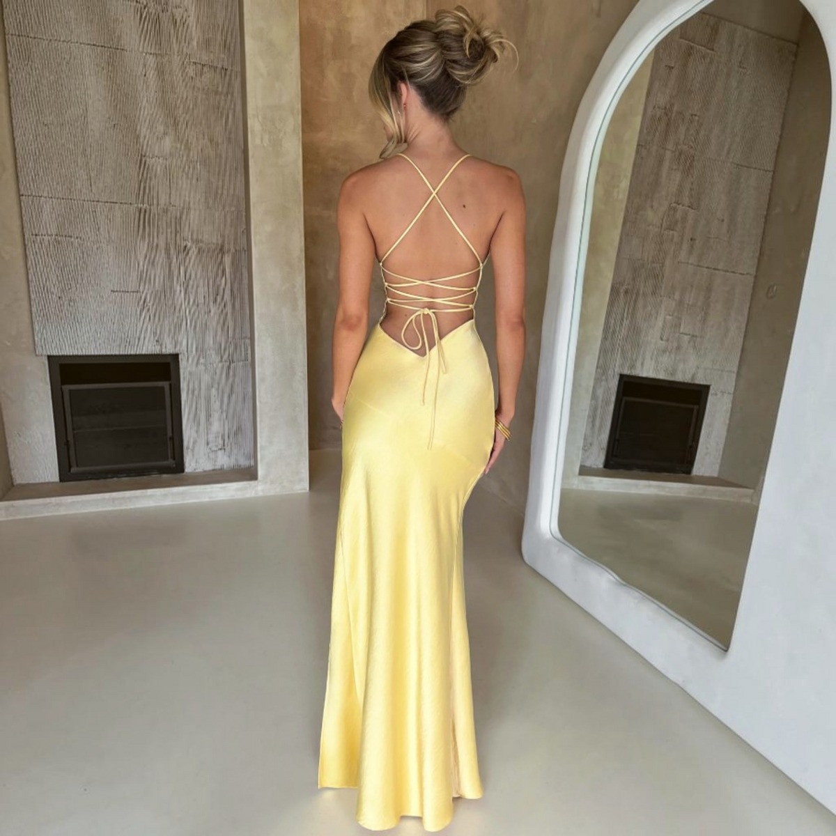 Satin Maxi Dress with V Neck and Spaghetti Straps, Asymmetrical Side Slit