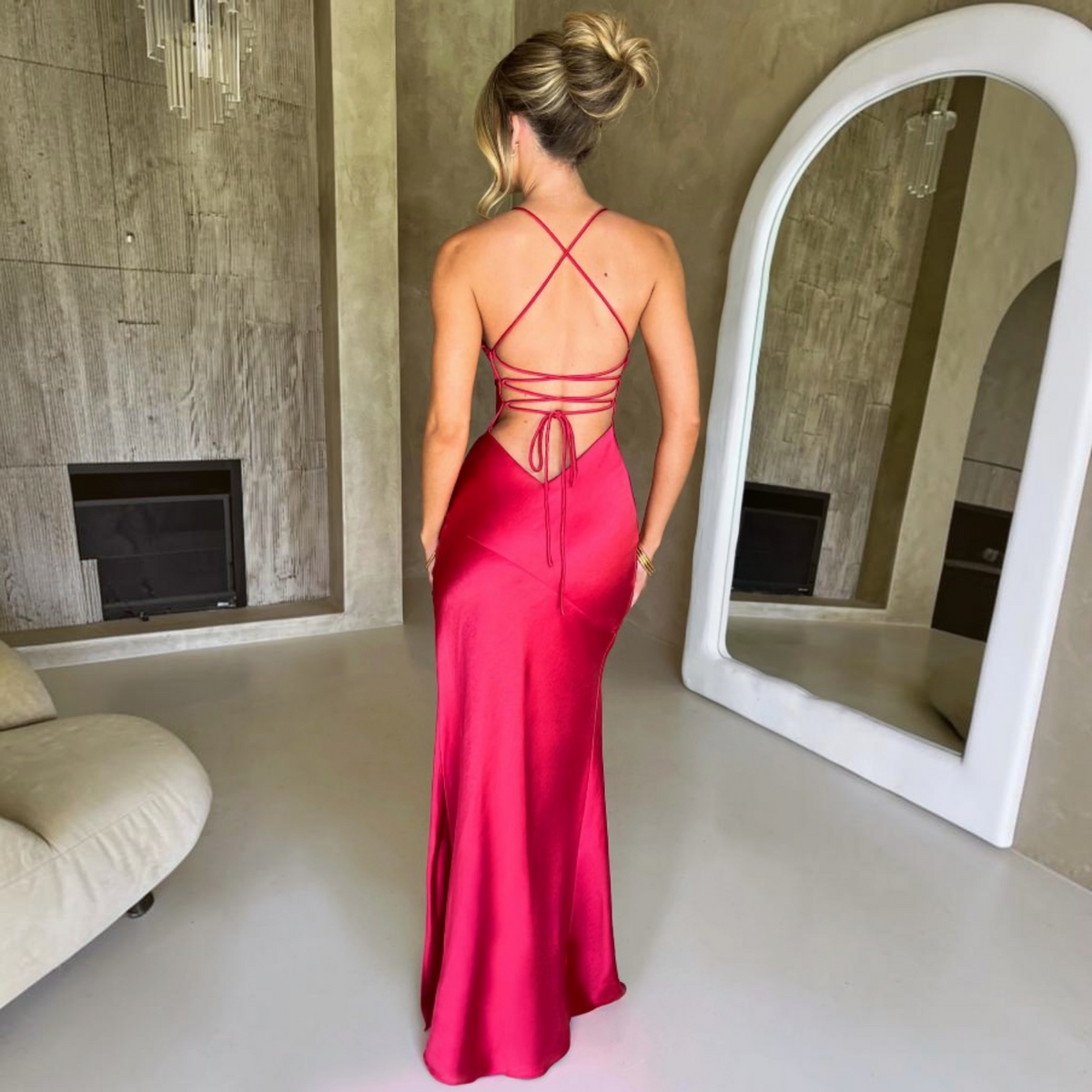 Satin Maxi Dress with V Neck and Spaghetti Straps, Asymmetrical Side Slit