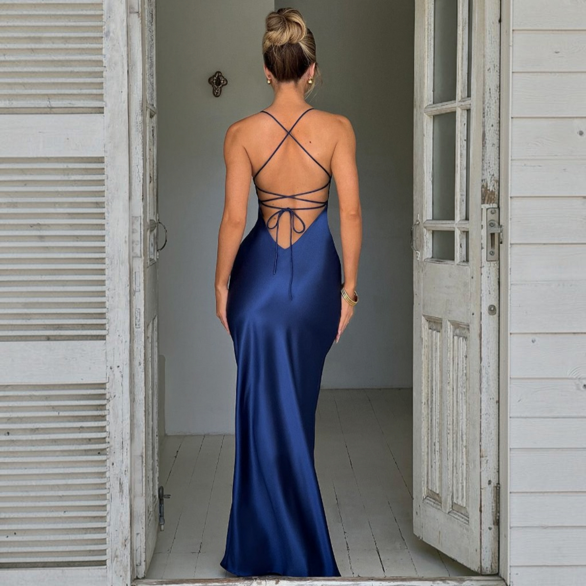 Satin Maxi Dress with V Neck and Spaghetti Straps, Asymmetrical Side Slit
