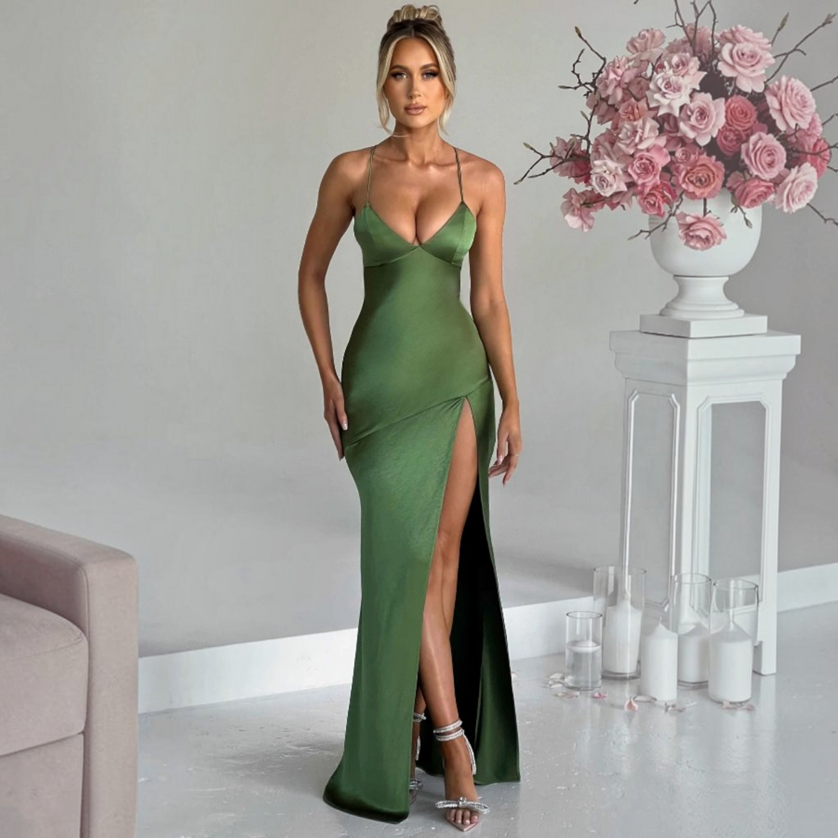 Satin Maxi Dress with V Neck and Spaghetti Straps, Asymmetrical Side Slit