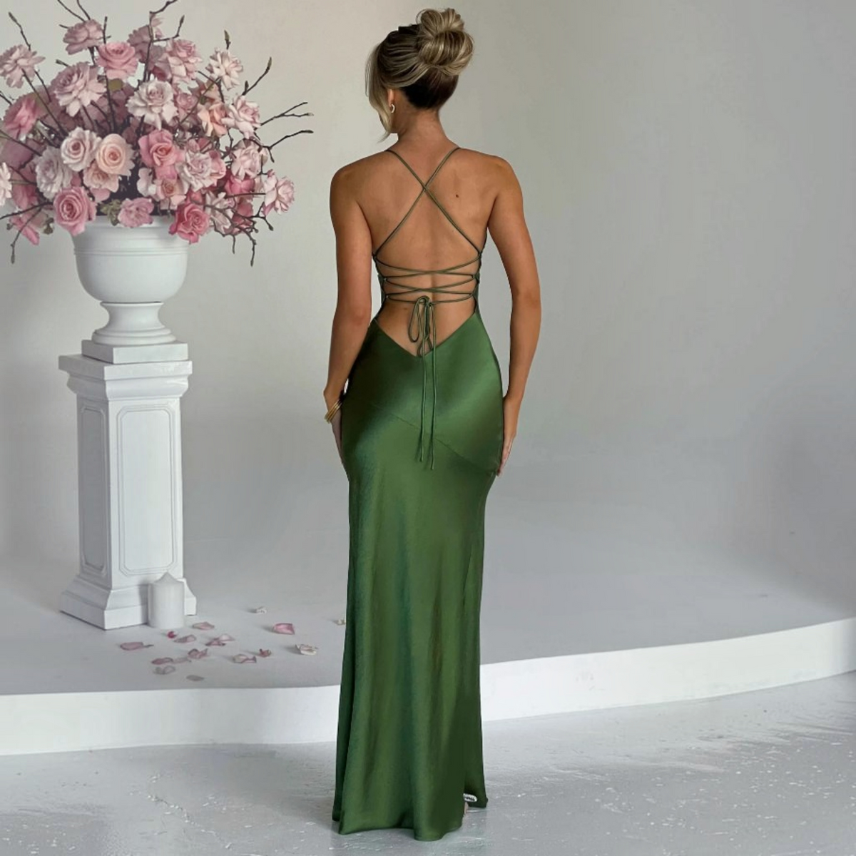 Satin Maxi Dress with V Neck and Spaghetti Straps, Asymmetrical Side Slit