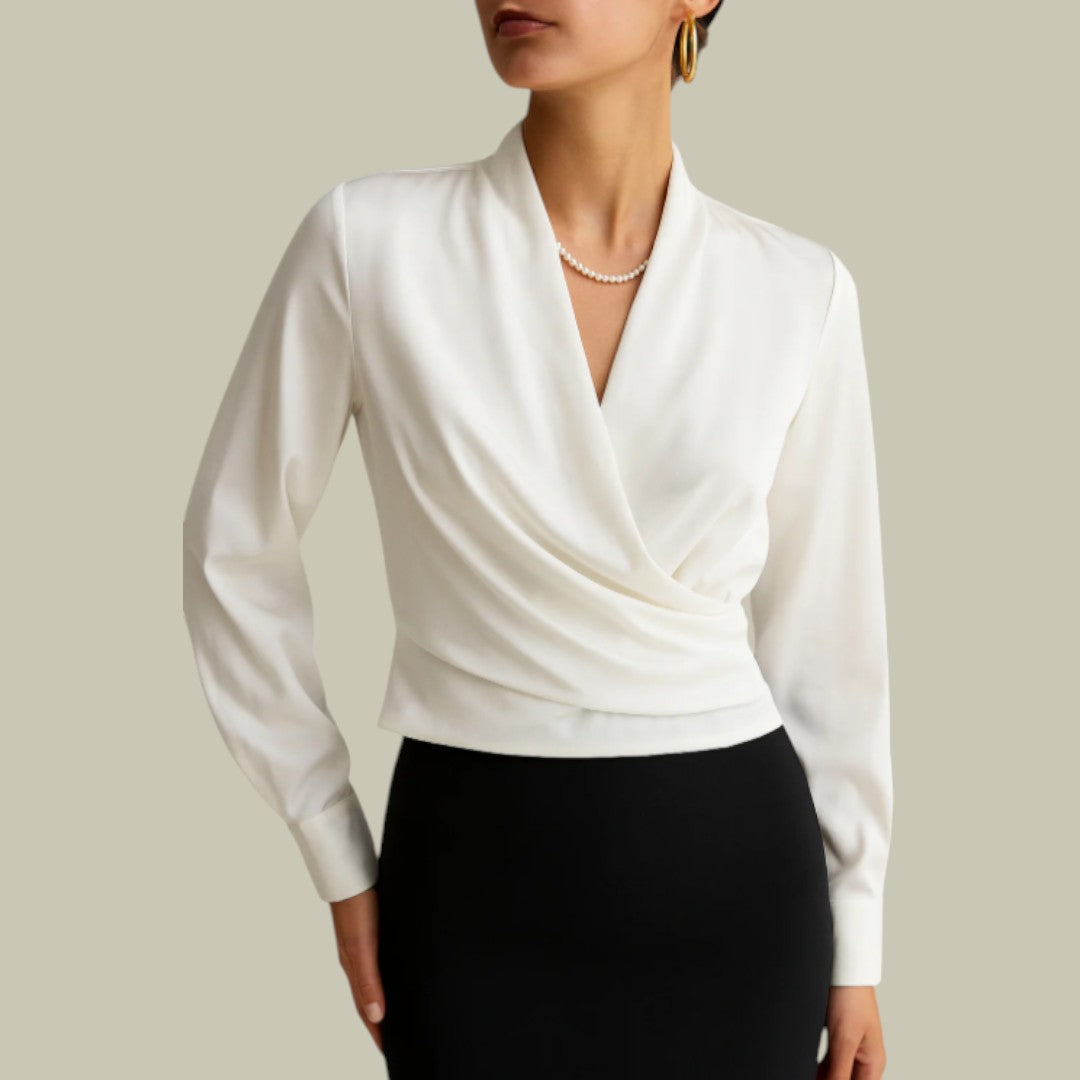 Womens V-Neck Wrap Satin Blouse with Structured Waistband and Long Sleeves