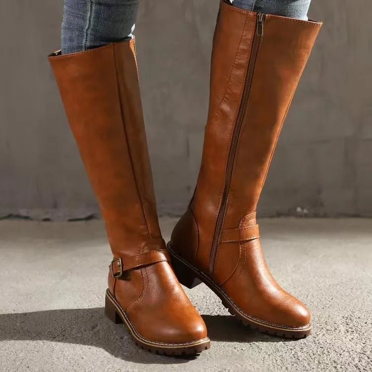 Orthopedic Leather Boots with Removable Insole and Tall Shaft for Women - Rubber Outsole
