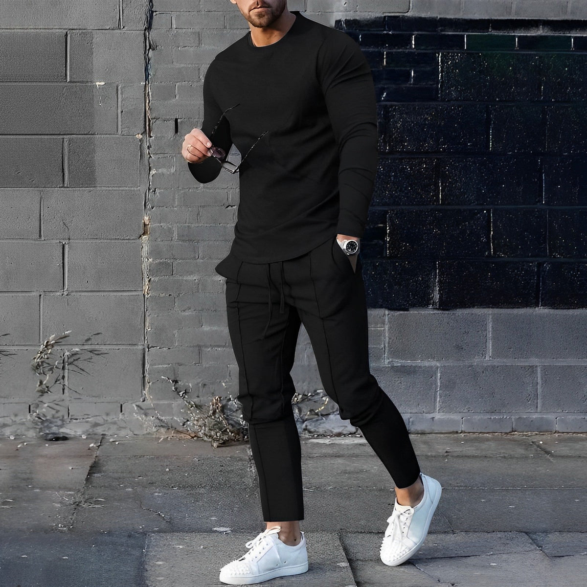 Mens Two-Piece Loungewear Set with Long-Sleeve Top and Jogger Pants, Relaxed Fit