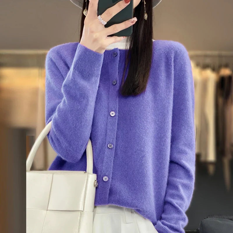 Button Front Cardigan with Round Neckline and Long Sleeves for Women