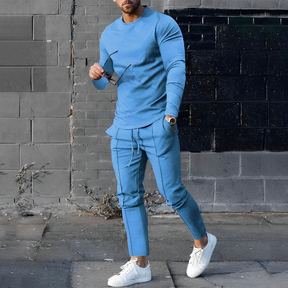 Mens Two-Piece Loungewear Set with Long-Sleeve Top and Jogger Pants, Relaxed Fit