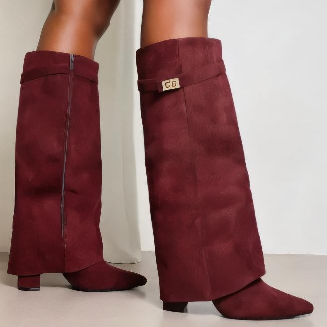Womens Thigh-High Leather Boots with Adjustable Buckle and Low Block Heel