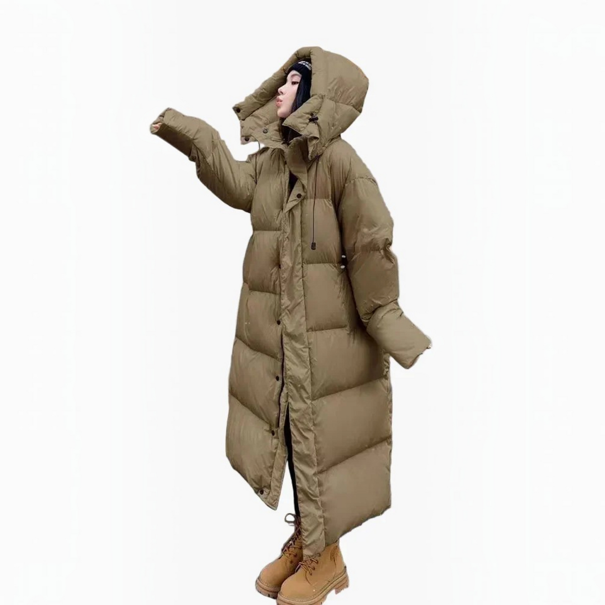 Long Quilted Puffer Coat for Women with Padded Hood and Side Pockets, Relaxed Fit