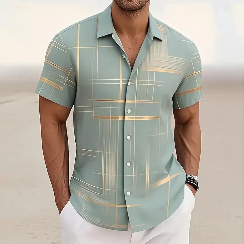 Geometric Plaid Button Shirt with Short Sleeves and Polyester Blend