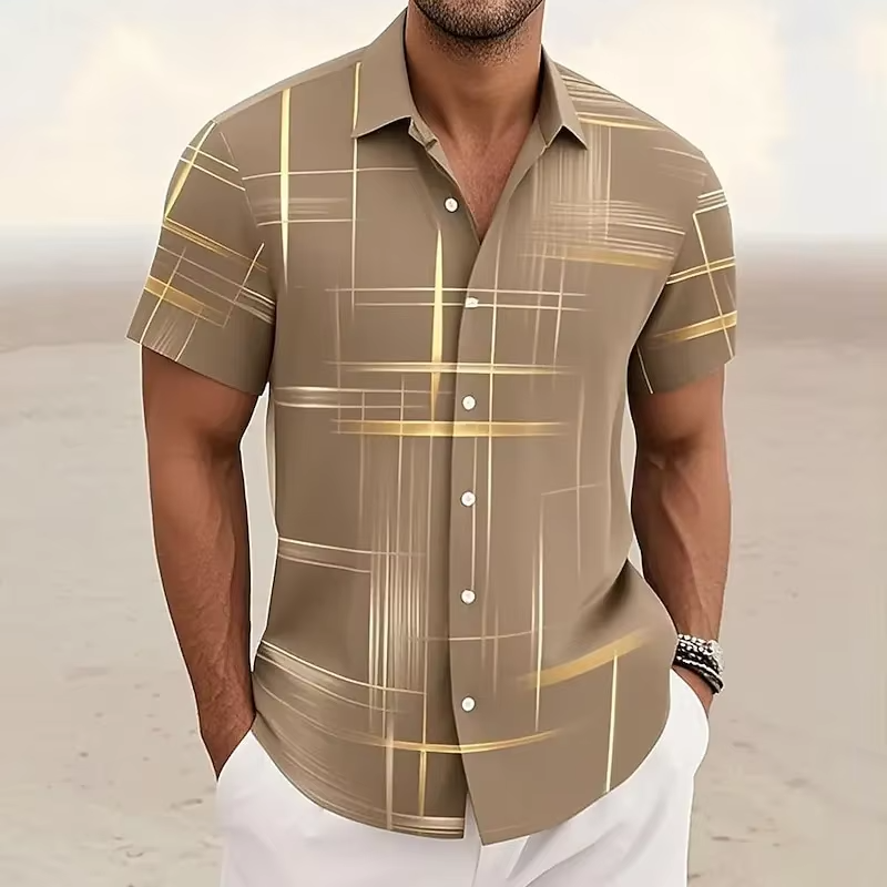 Geometric Plaid Button Shirt with Short Sleeves and Polyester Blend