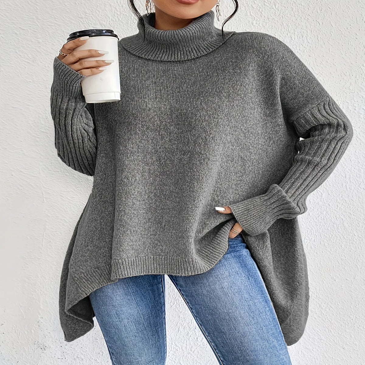 Cashmere Turtleneck Sweater with Oversized Fit and Folded Neckline - Soft Blend