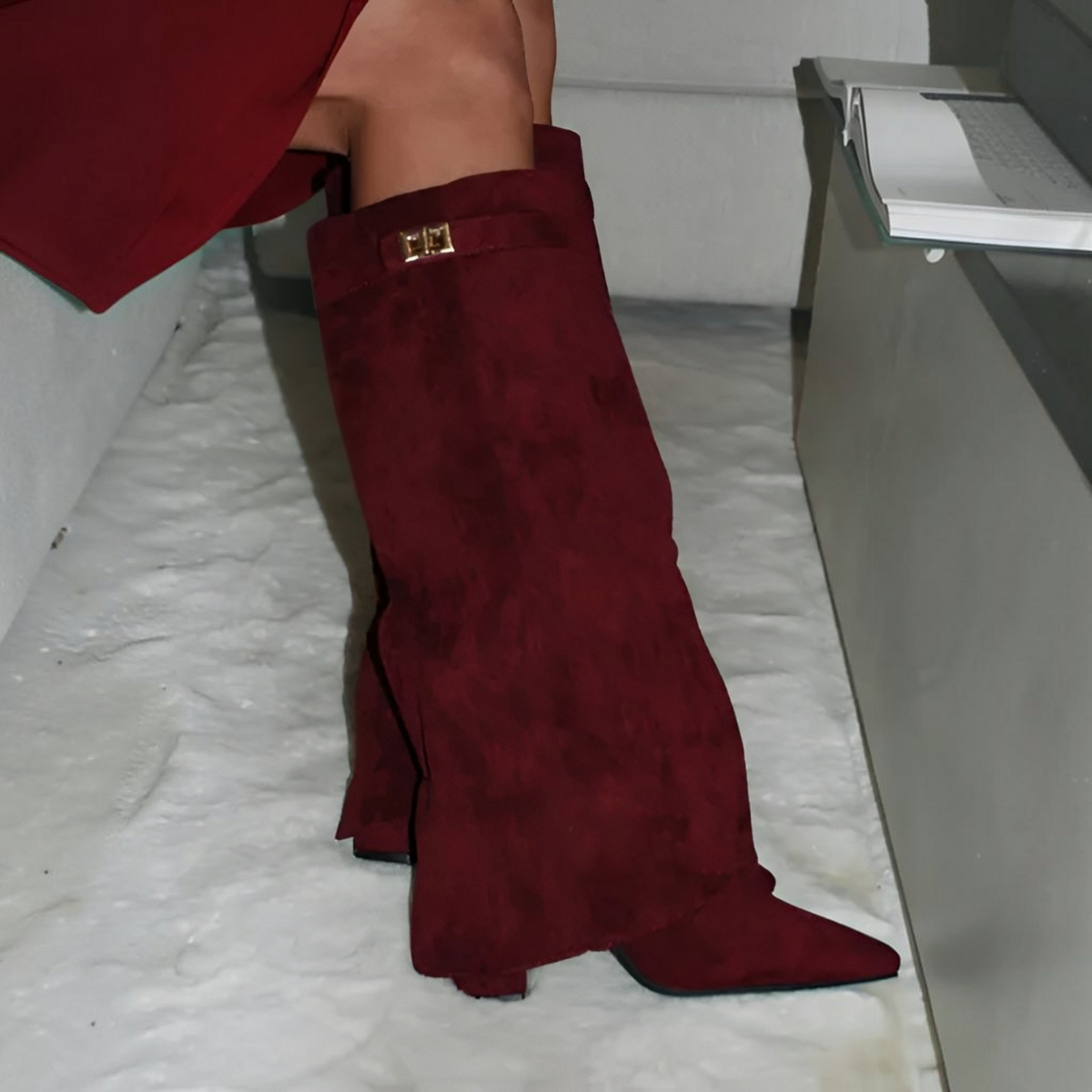 Womens Thigh-High Leather Boots with Adjustable Buckle and Low Block Heel