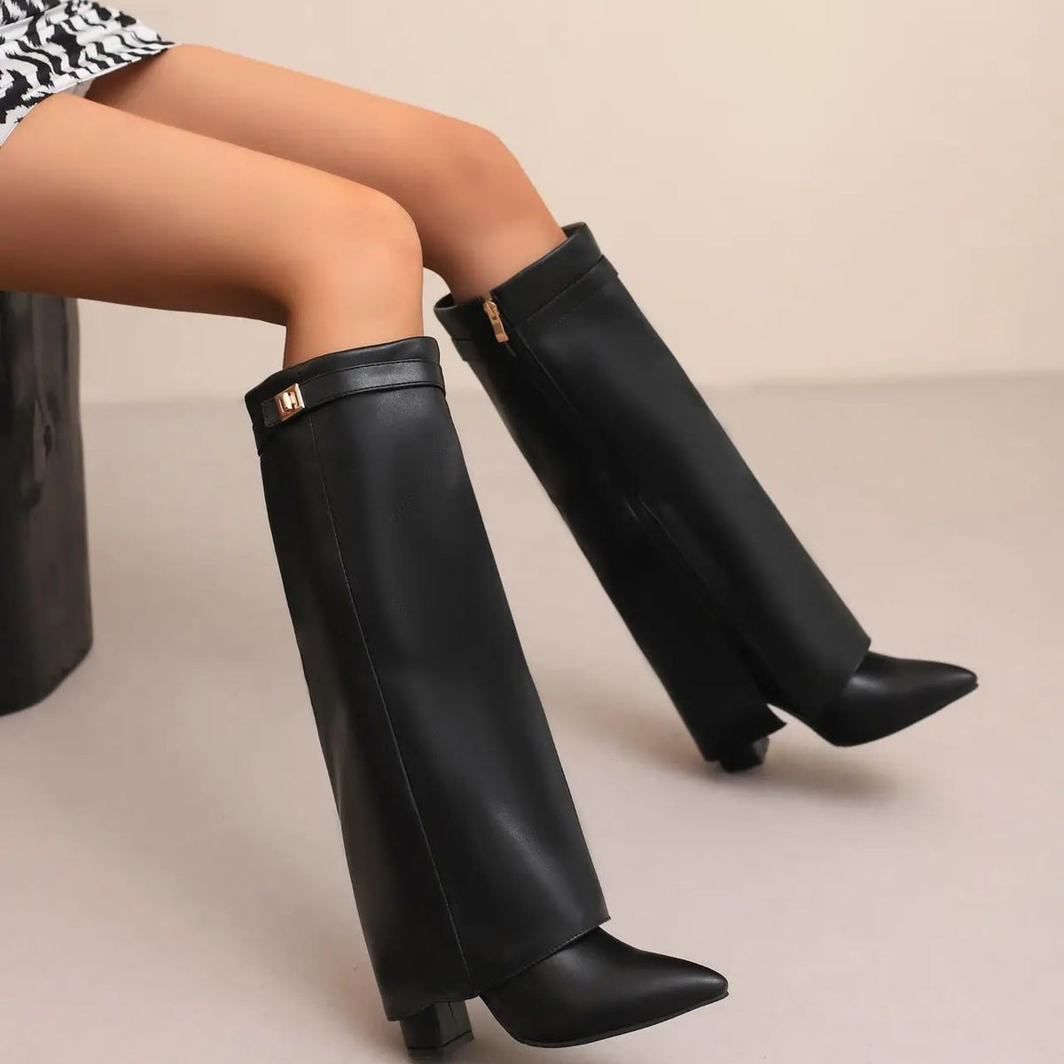 Womens Thigh-High Leather Boots with Adjustable Buckle and Low Block Heel