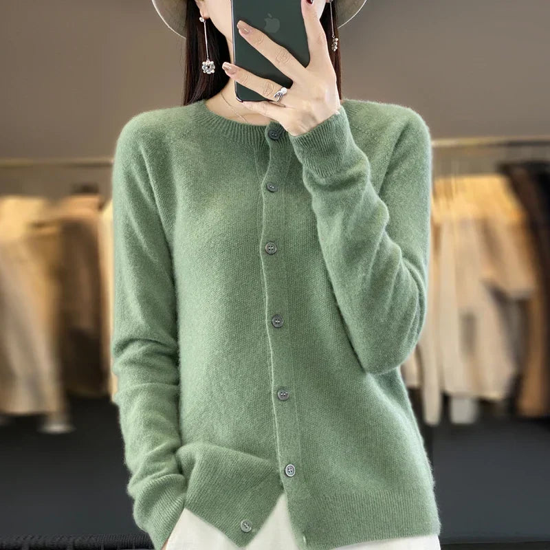 Button Front Cardigan with Round Neckline and Long Sleeves for Women