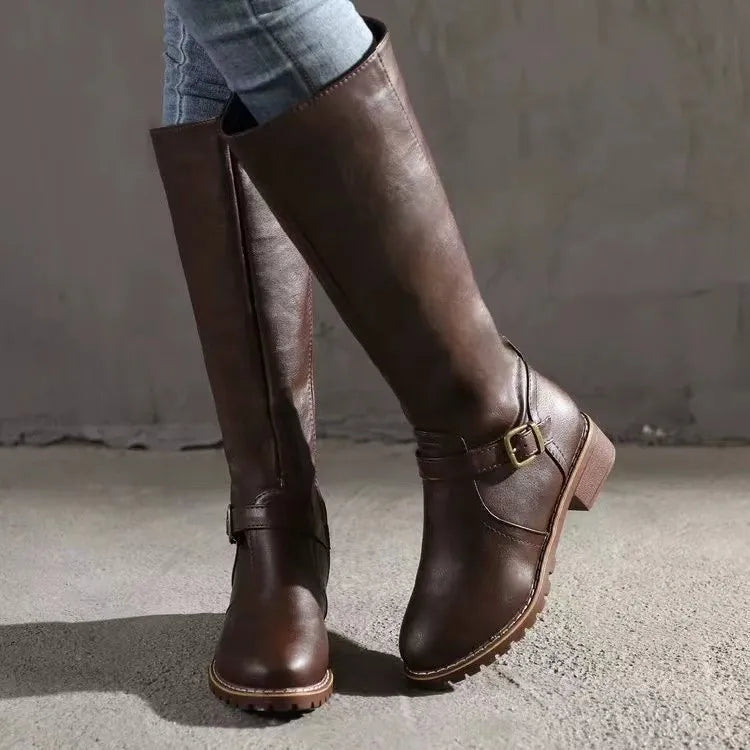 Orthopedic Leather Boots with Removable Insole and Tall Shaft for Women - Rubber Outsole