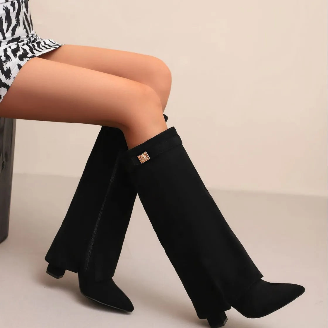 Womens Thigh-High Leather Boots with Adjustable Buckle and Low Block Heel