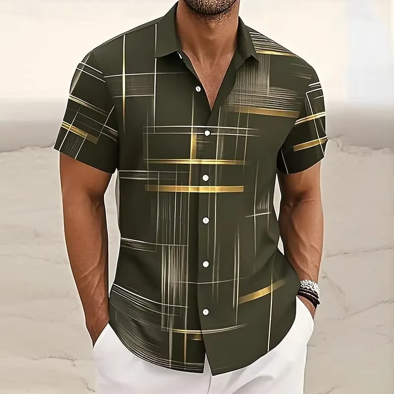 Geometric Plaid Button Shirt with Short Sleeves and Polyester Blend