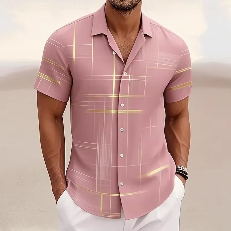 Geometric Plaid Button Shirt with Short Sleeves and Polyester Blend