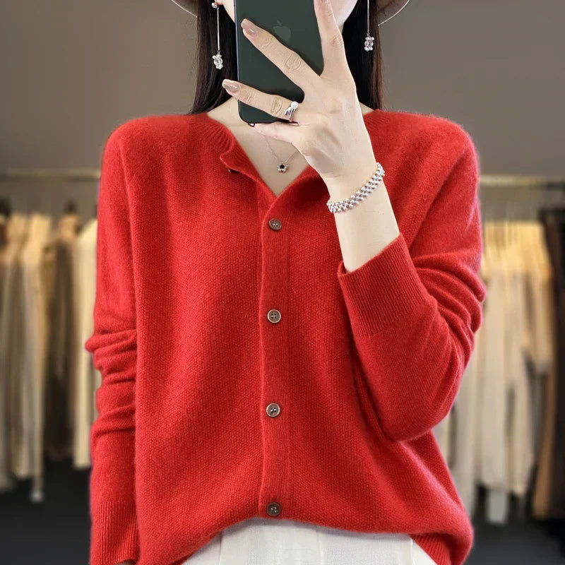 Button Front Cardigan with Round Neckline and Long Sleeves for Women