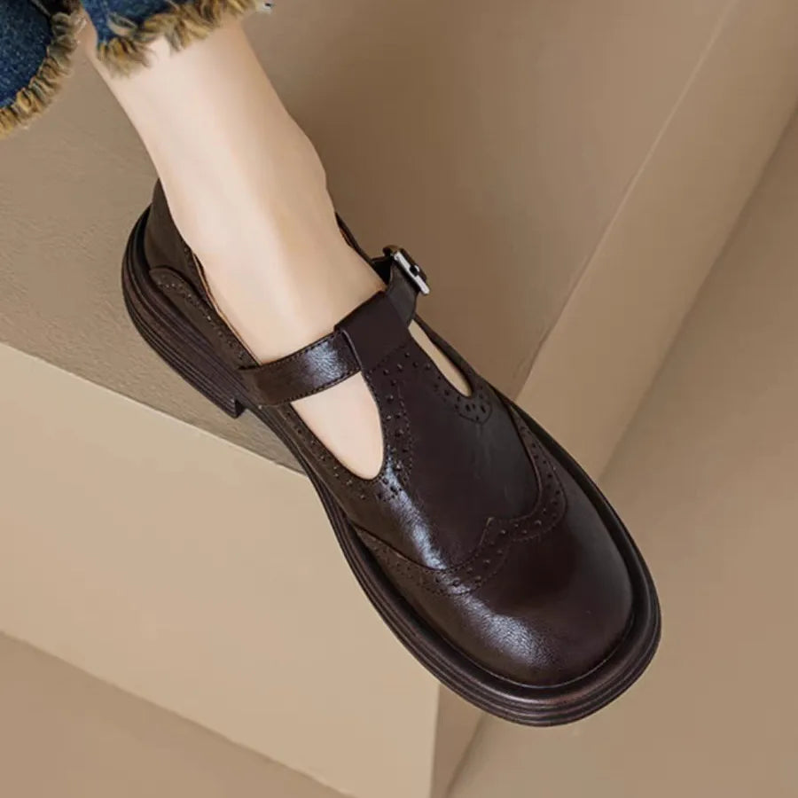 Womens Leather T-Strap Shoes with Cushioned Insole and Adjustable Buckle, Low Heel