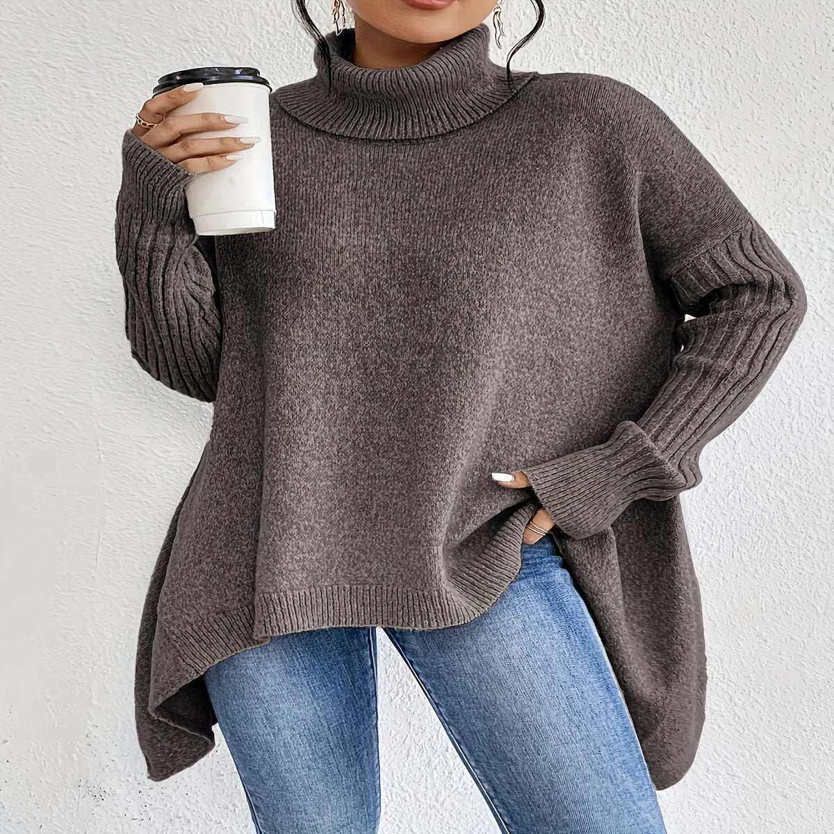 Cashmere Turtleneck Sweater with Oversized Fit and Folded Neckline - Soft Blend