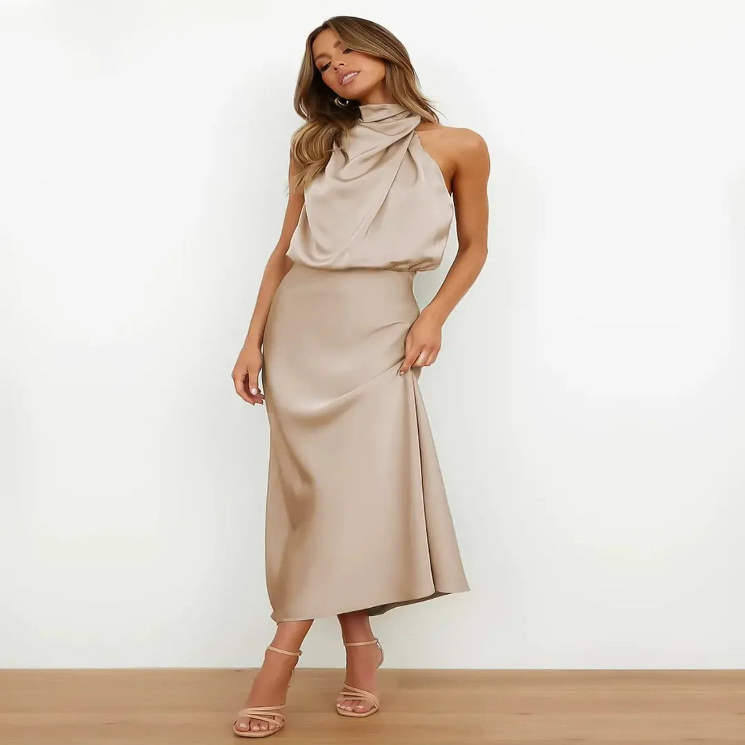 Sleeveless Midi Dress with High Neck and Defined Waist - Cotton Blend