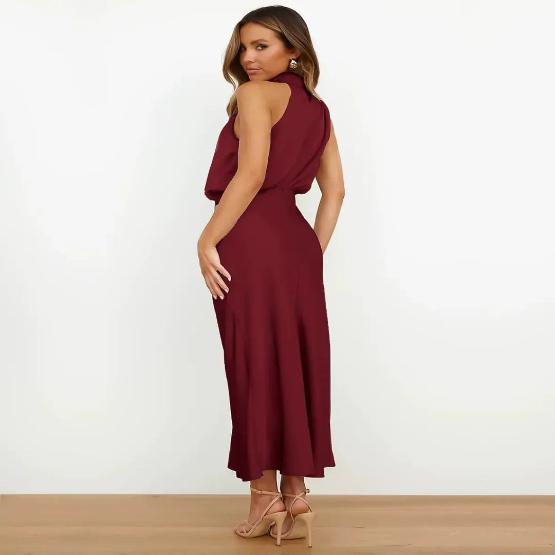 Sleeveless Midi Dress with High Neck and Defined Waist - Cotton Blend